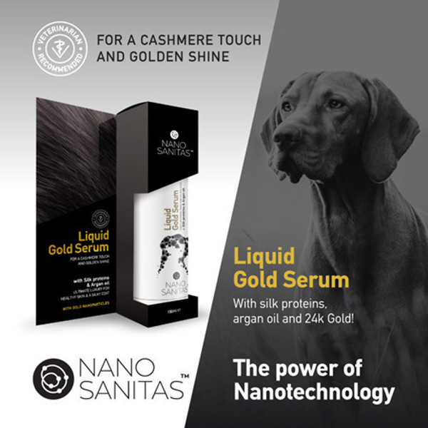 NANO SANITAS Liquid gold serumas išsausėjusiam ir pažeistam kailiui su nanoaukso dalelėmis ir šilko baltymais, 150 ml paveikslėlis