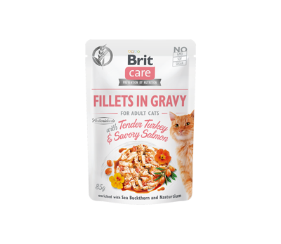 BRIT CARE Cat Fillets in Gravy Turkey & Salmon konservai suaugusioms katėms su kalakutiena ir lašiša 85 g paveikslėlis