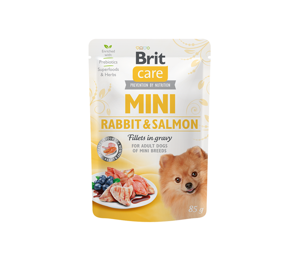 BRIT CARE Mini Rabbit&Salmon fillets in gravy konservai šunims su triušiena ir lašiša 85 g paveikslėlis