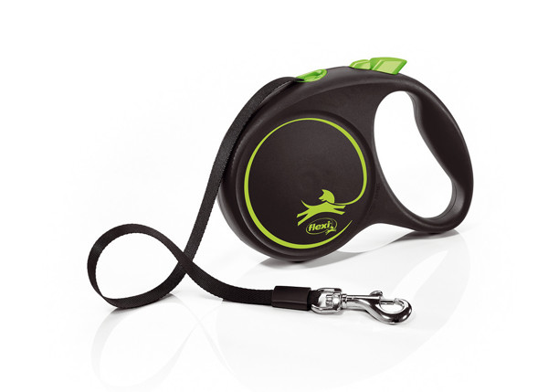 FLEXI Black design M tape automatinis pavadėlis šunims iki 25kg, juosta 5m, žalias paveikslėlis