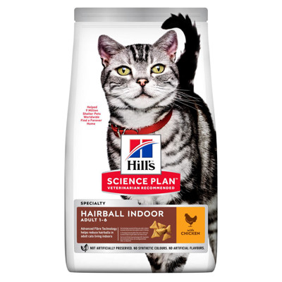 HILL'S SP Feline hairball&indoor chicken chicken sausas maistas suaugusioms namuose gyvenančioms katėms su vištiena, 1,5 kg paveikslėlis
