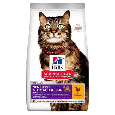 HILL'S SP Feline sensitive stomach&Sskin chicken sausas maistas suaugusioms jautrioms katėms, 1,5kg paveikslėlis