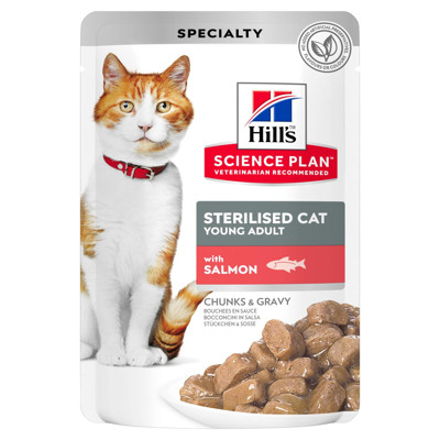 HILL'S SP Feline sterilised young Salmon chunks&gravy guliašas sterilizuotoms katėms su lašiša, 12x85 g paveikslėlis