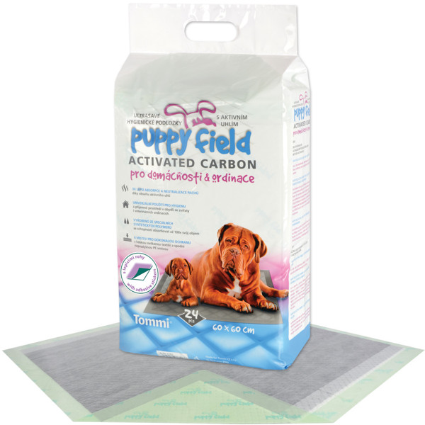 PUPPY FIELD Active Carbon higieniniai paklotai šunims su aktyviąja anglimi, 24 vnt., 60x60 cm paveikslėlis