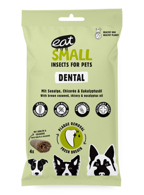 EAT SMALL Dental skanėstai su vabzdžių baltymais nuo dantų apnašų ir akmenų susidarymo suaugusiems šunims, 120 g paveikslėlis