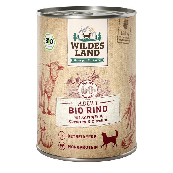 WILDES LAND Bio beef konservuotas begrūdis pašaras suaugusiems šunims su ekologiška jautiena, 400 g paveikslėlis
