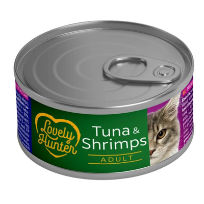 LOVELY HUNTER Adult konservuotas pašaras suaugusioms katėms su tunu ir krevetėmis, 85 g paveikslėlis
