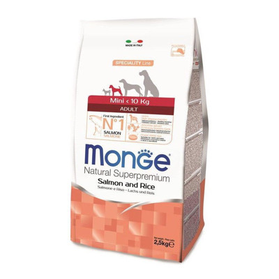 MONGE Mini Adult sausas pašaras mažų veislių suaugusiems šunims su lašiša ir ryžiais, 2,5 kg paveikslėlis