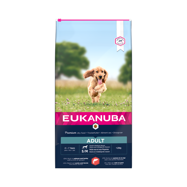 Eukanuba Adult S/M sausas maistas mažų ir vidutinių veislių šunims su lašiša ir miežiais, 12 kg paveikslėlis