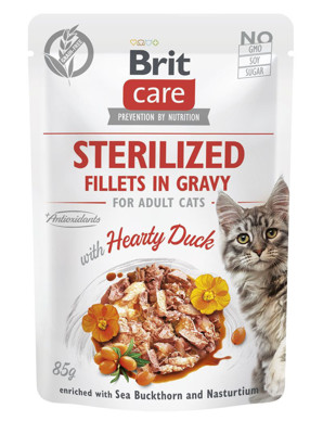 BRIT CARE Cat Sterilized Fillets in Gravy Hearty Duck konservai katėms maišelyje su antiena, 85 g paveikslėlis
