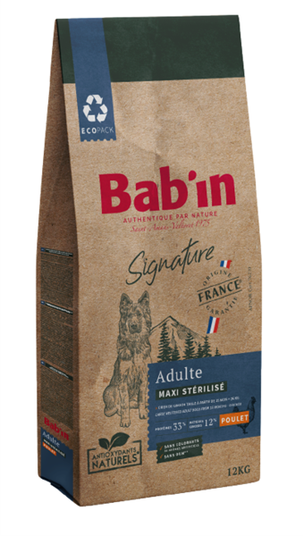 BAB‘IN SIGNATURE DOG MAXI ADULT STERILIZED CHICKEN visavertis pašaras suaugusiems didelio dydžio kastruotiems šunims, 12 kg paveikslėlis