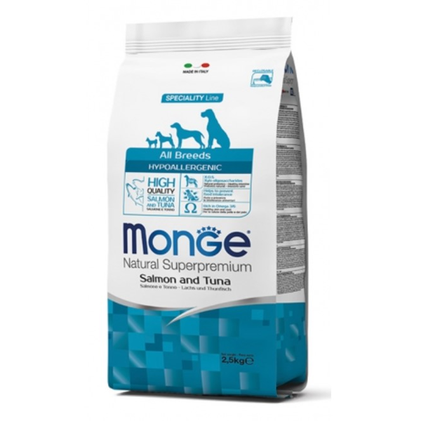 Monge Adult Hypoallergenic sausas pašaras suaugusiems šunims su lašiša ir tunu, 12 kg