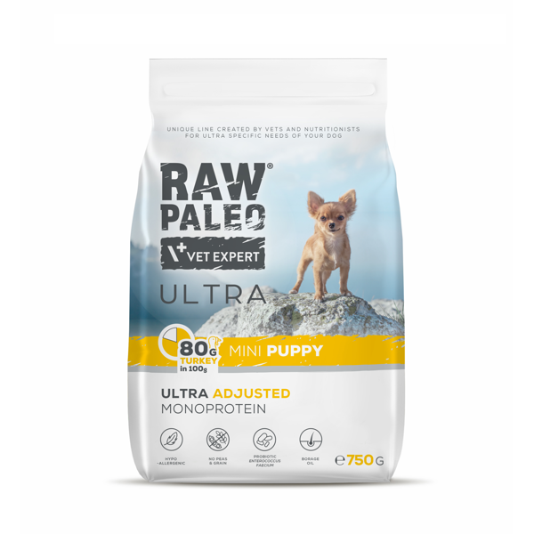 RAW PALEO ULTRA Turkey Mini Puppy sausas maistas mažų veislių šuniukams su kalakutiena, 750g