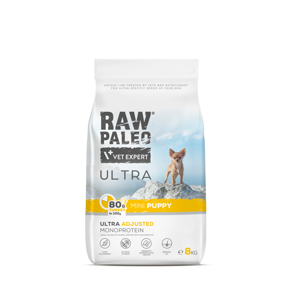 RAW PALEO ULTRA Turkey Mini Puppy sausas maistas mažų veislių šuniukams su kalakutiena, 8kg