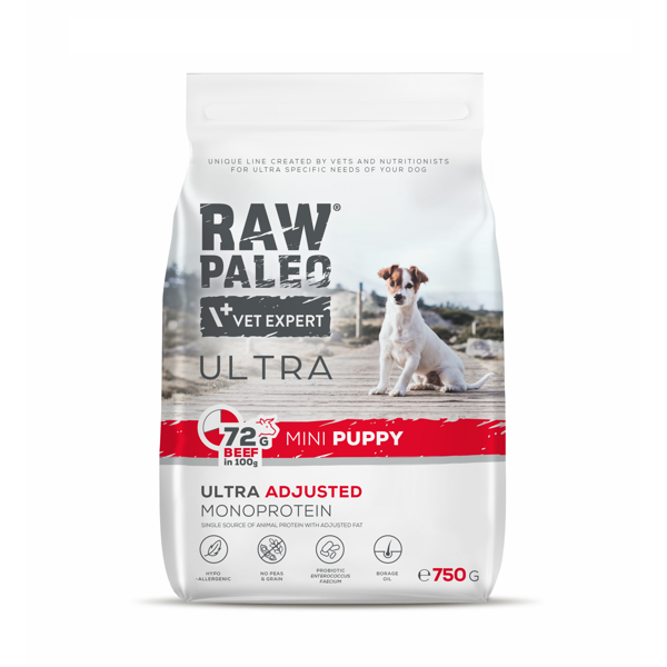 RAW PALEO ULTRA Beef Mini Puppy sausas maistas mažų veislių šuniukams su jautiena, 750g