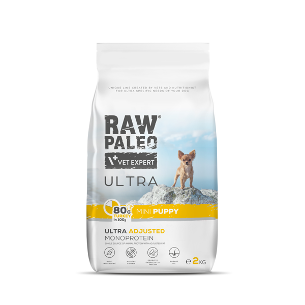 RAW PALEO ULTRA Turkey Mini Puppy sausas maistas mažų veislių šuniukams su kalakutiena, 2kg