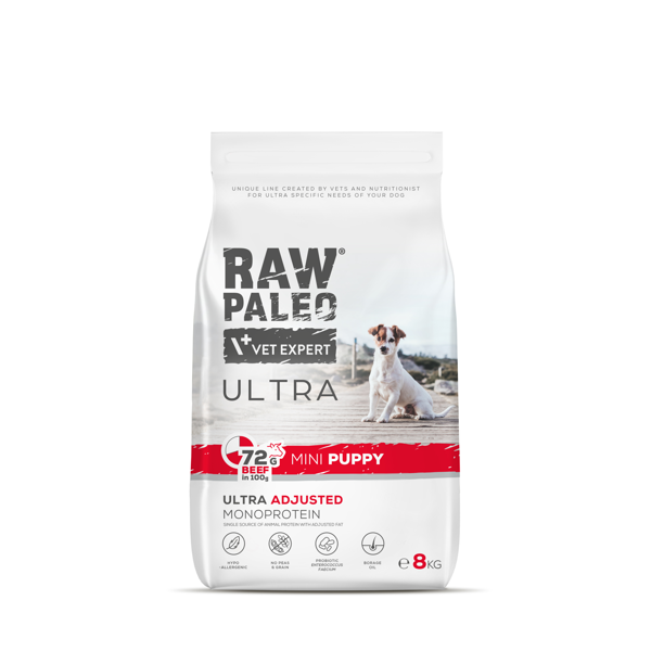 RAW PALEO ULTRA Beef Mini Puppy sausas maistas mažų veislių šuniukams su jautiena, 8kg