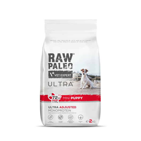 RAW PALEO ULTRA Puppy Mini Beef sausas maistas mažų veislių šuniukams su jautiena, 2kg