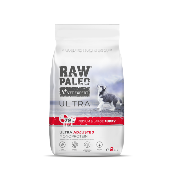 RAW PALEO ULTRA Beef Medium&Large Puppy sausas maistas šuniukams su jautiena, 2kg