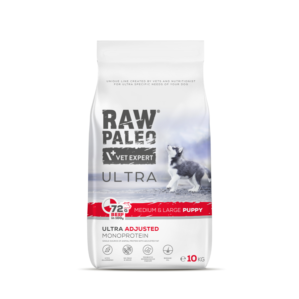 RAW PALEO ULTRA Beef Medium&Large Puppy sausas maistas šuniukams su jautiena, 10kg