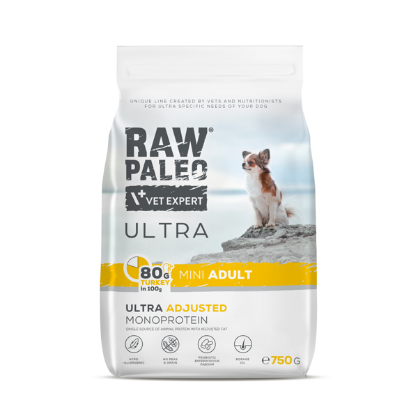 RAW PALEO ULTRA Turkey Mini Adult sausas maistas mažų veislių šunims su kalakutiena, 750g