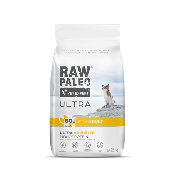 RAW PALEO ULTRA Turkey Mini Adult sausas maistas mažų veislių šunims su kalakutiena, 2kg