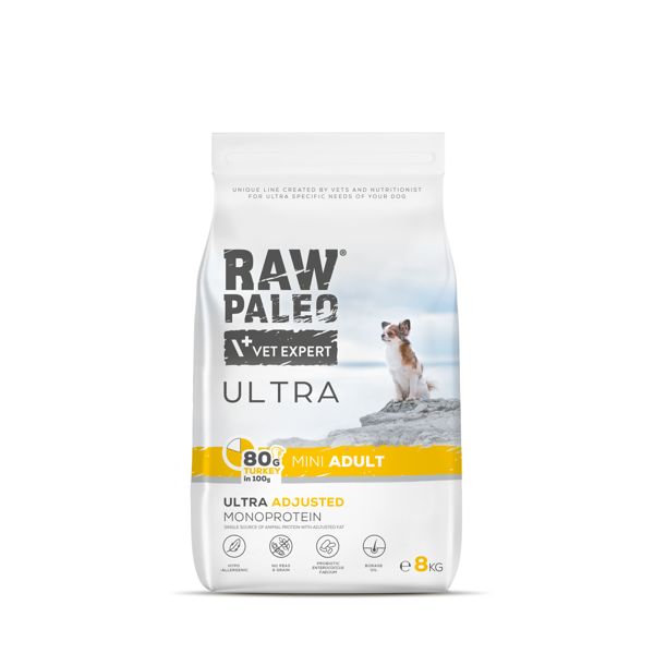 RAW PALEO ULTRA Turkey Mini Adult sausas maistas mažų veislių šunims su kalakutiena, 8kg