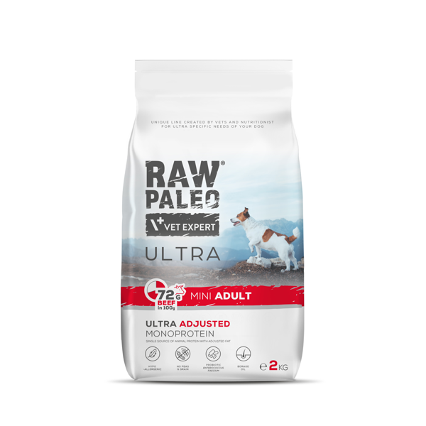 RAW PALEO ULTRA Beef Mini Adult sausas maistas mažų veislių šunims su jautiena, 2kg