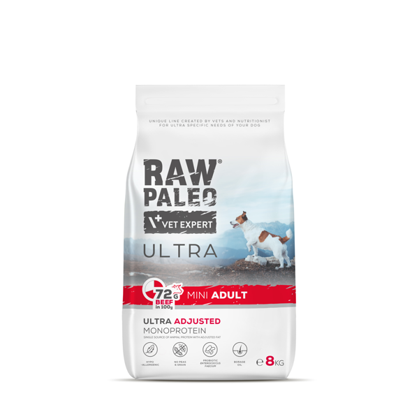 RAW PALEO ULTRA Beef Mini Adult sausas maistas mažų veislių šunims su jautiena, 8kg