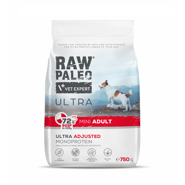 RAW PALEO ULTRA Beef Mini Adult sausas maistas mažų veislių šunims su jautiena, 750g