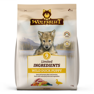 WOLFSBLUT Puppy Limited INGREDIENTS Wild Duck sausas maistas šuniukams su laukine antiena, 1kg