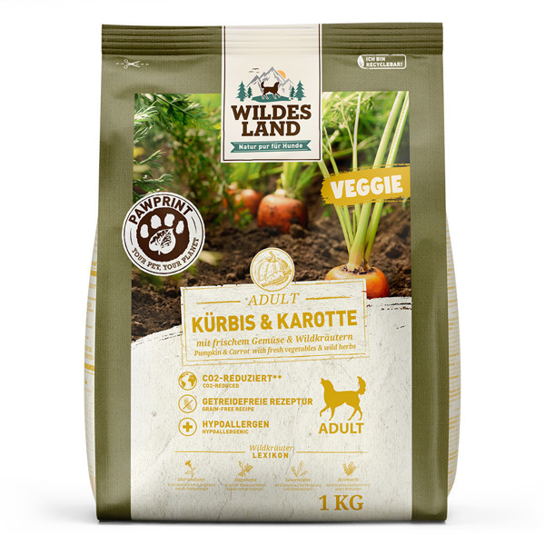 WILDES LAND PawPrint Veggie Adult sausas maistas šunims su moliūgais ir morkomis, 1kg