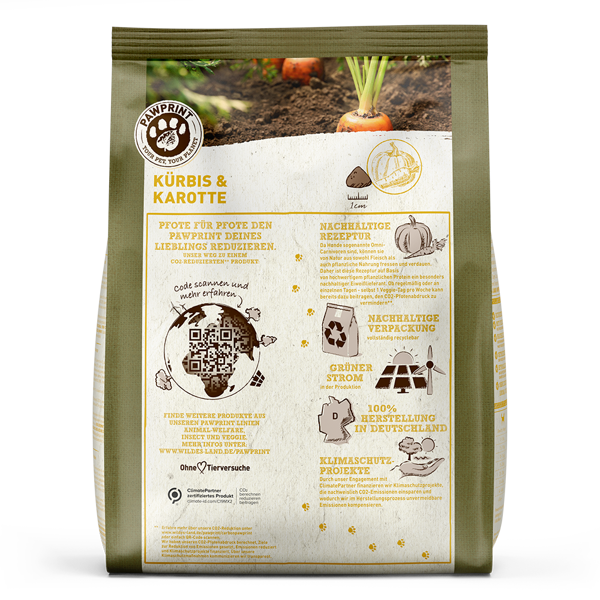 WILDES LAND PawPrint Veggie Adult sausas maistas šunims su moliūgais ir morkomis, 1kg