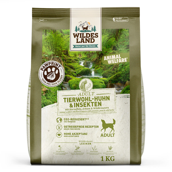 Wildes Land PawPrint Animal Welfare sausas maistas šunimssu  vištiena ir vabzdžiais, 1 kg
