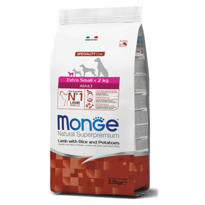 MONGE Extra Small Adult sausas maistas labai mažiems šunims su ėriena, 0,8 kg