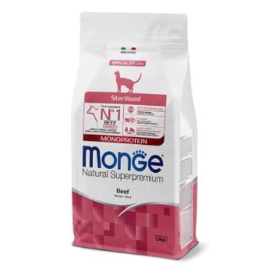 MONGE Adult sausas maistas sterilizuotoms katėms su jautiena (monoproteinas), 1,5 kg