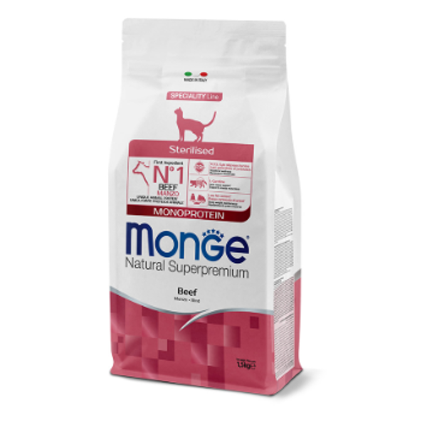 MONGE Adult sausas maistas sterilizuotoms katėms su jautiena (monoproteinas), 1,5 kg