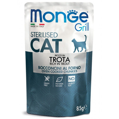 MONGE GRILL konservai sterilizuotoms katėms su upėtakiu, 85 g