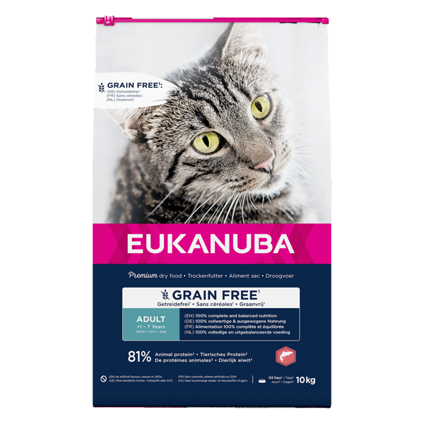 Eukanuba Grain Free Adult begrūdis kačių maistas su lašiša, 10 kg