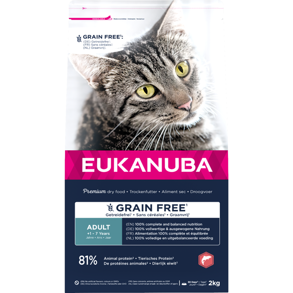 Eukanuba Grain Free Adult begrūdis kačių maistas su lašiša, 2 kg