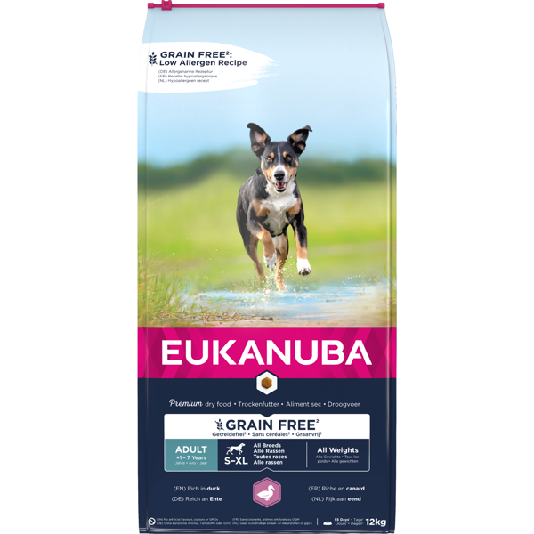 Eukanuba Grain Free Adult begrūdis maistas šunims su antiena, 12 kg