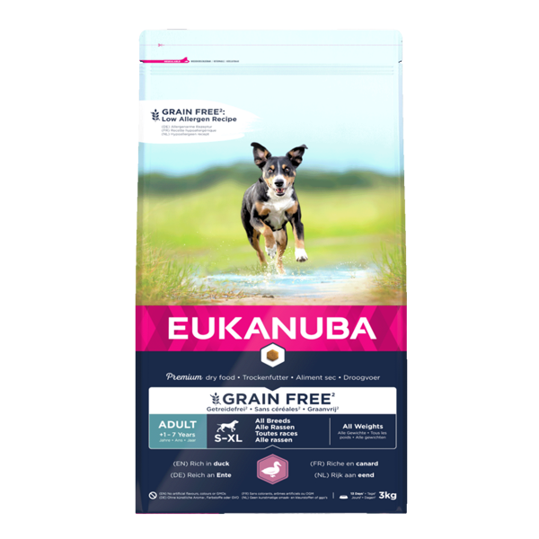 Eukanuba Grain Free Adult begrūdis maistas šunims su antiena, 3 kg