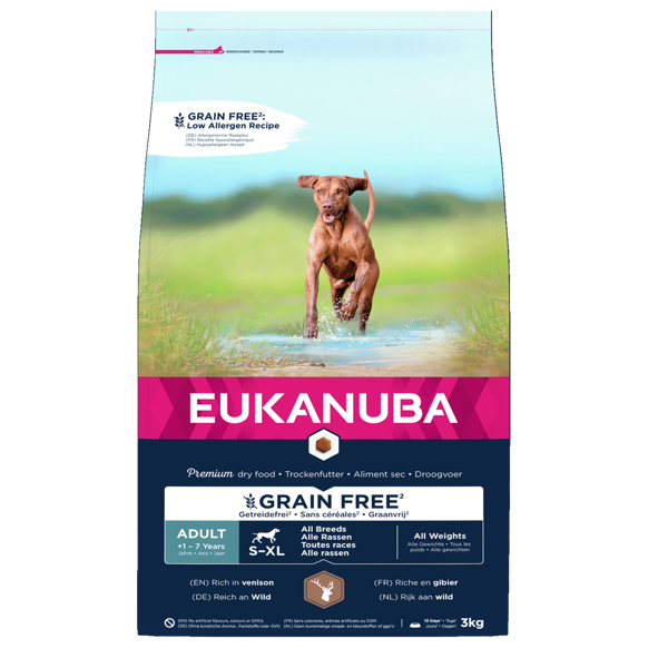 Eukanuba Grain Free Adult begrūdis maistas šunims su elniena, 3 kg