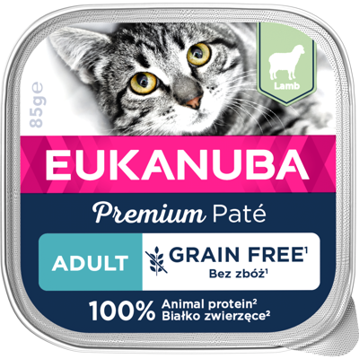 Eukanuba Grain Free Adult Pate konservai katėms su ėriena, 85 g