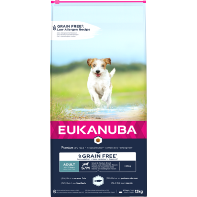 Eukanuba Grain Free Adult S/M begrūdis maistas mažų ir vidutinių veislių šunims su žuvimi, 12 kg