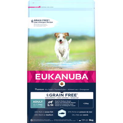 Eukanuba Grain Free Adult S/M begrūdis maistas mažų ir vidutinių veislių šunims su žuvimi, 3 kg