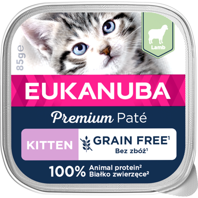 Eukanuba Grain Free Kitten Pate konservai kačiukams su ėriena, 85 g