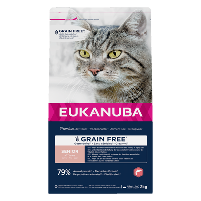 Eukanuba Grain Free Senior begrūdis maistas senyvoms katėms su lašiša, 2 kg