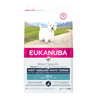 Eukanuba Breed Specific Adult sausas maistas Vakarų Škotijos terjerams su vištiena, 2,5 kg