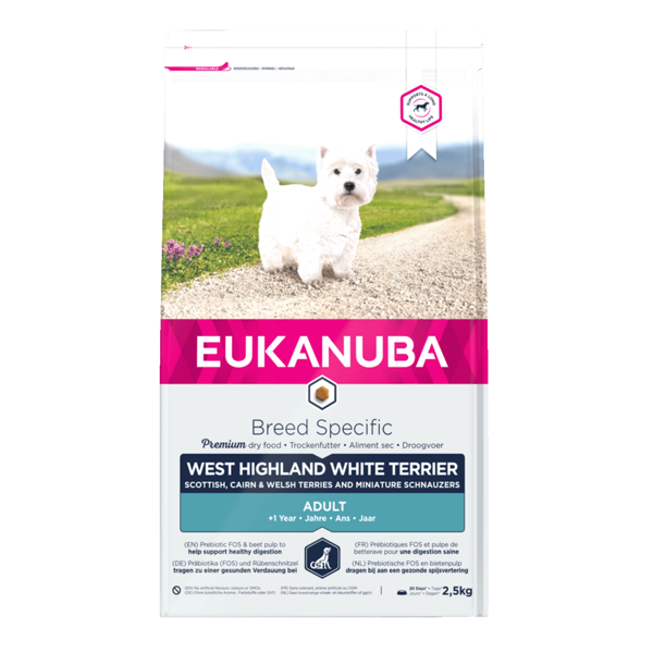 Eukanuba Breed Specific Adult sausas maistas Vakarų Škotijos terjerams su vištiena, 2,5 kg